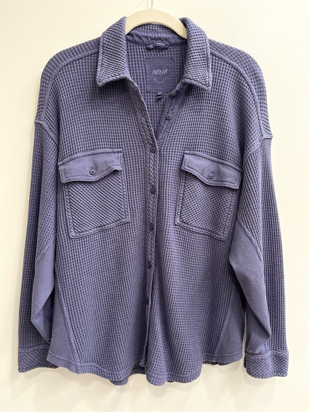 Aerie Lumberjane Waffle Shirt Small Black Oversized Long Sleeve Button Up Purple